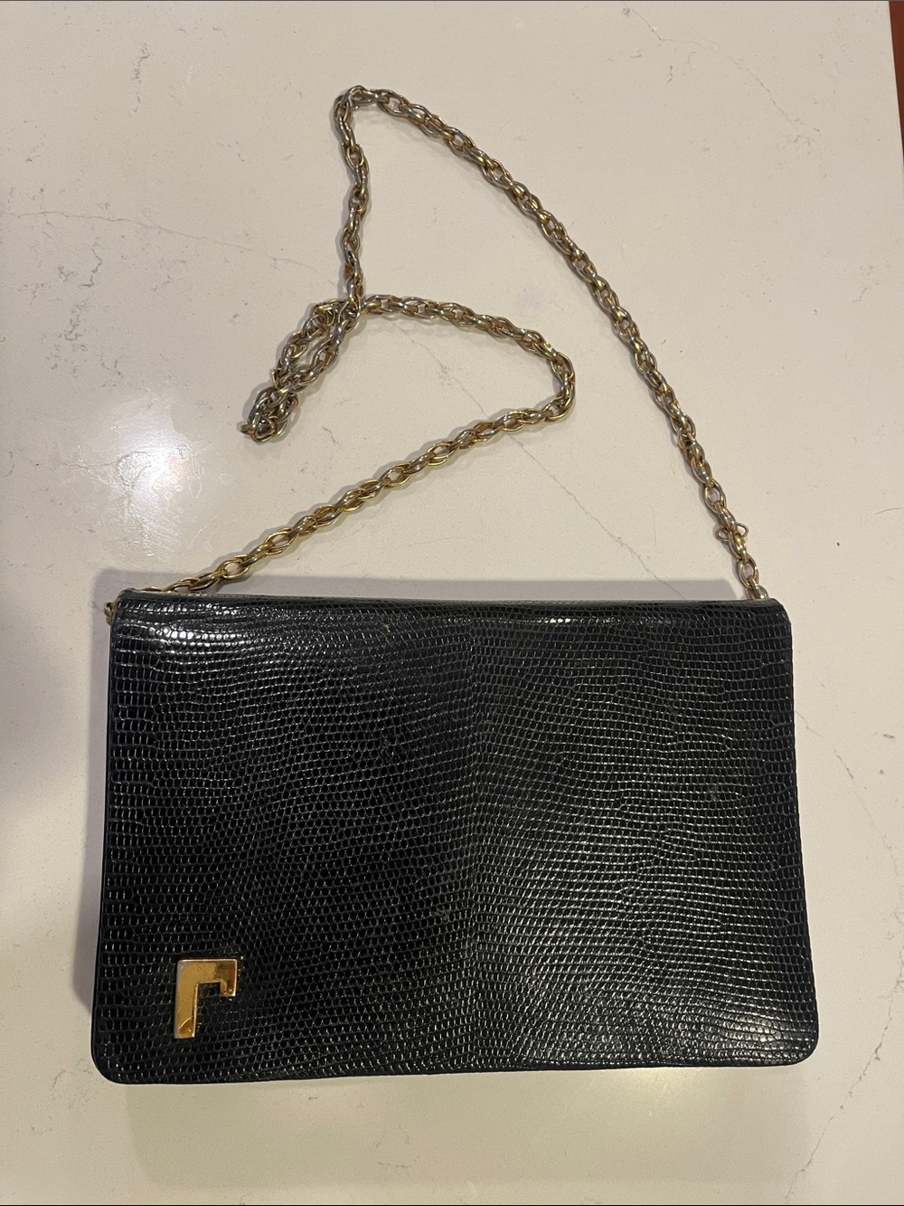 Vintage Saks Fifth Avenue Black Textured Leather Bag with Gold Chain